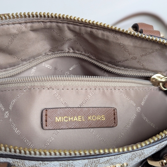 Michael Kors Ciara Medium Logo Printed Coated Canvas Leather Satchel Cream Brown - Picture 9 of 15